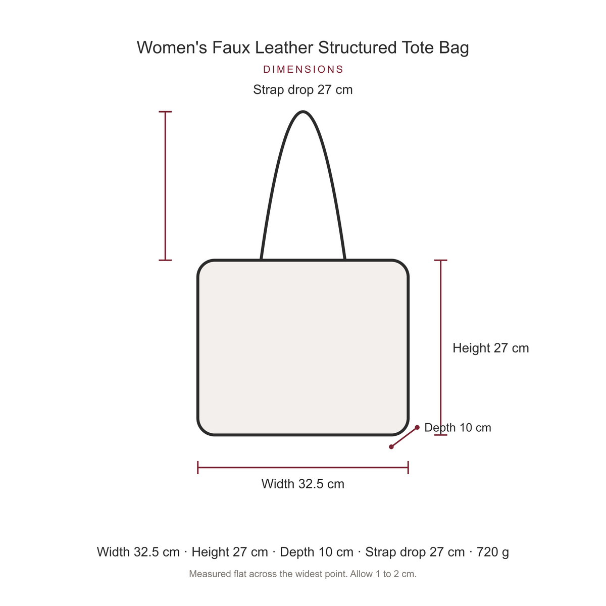 Women's Faux Leather Structured Tote Bag, dimensions