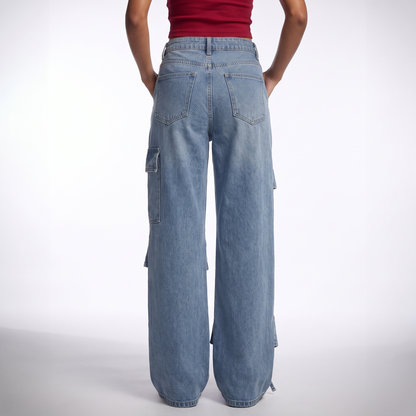 Sunoire autumn simple casual high waist stretchable denim jeans for women xl size cargo pants with bowknot decor light bottom back crop 01