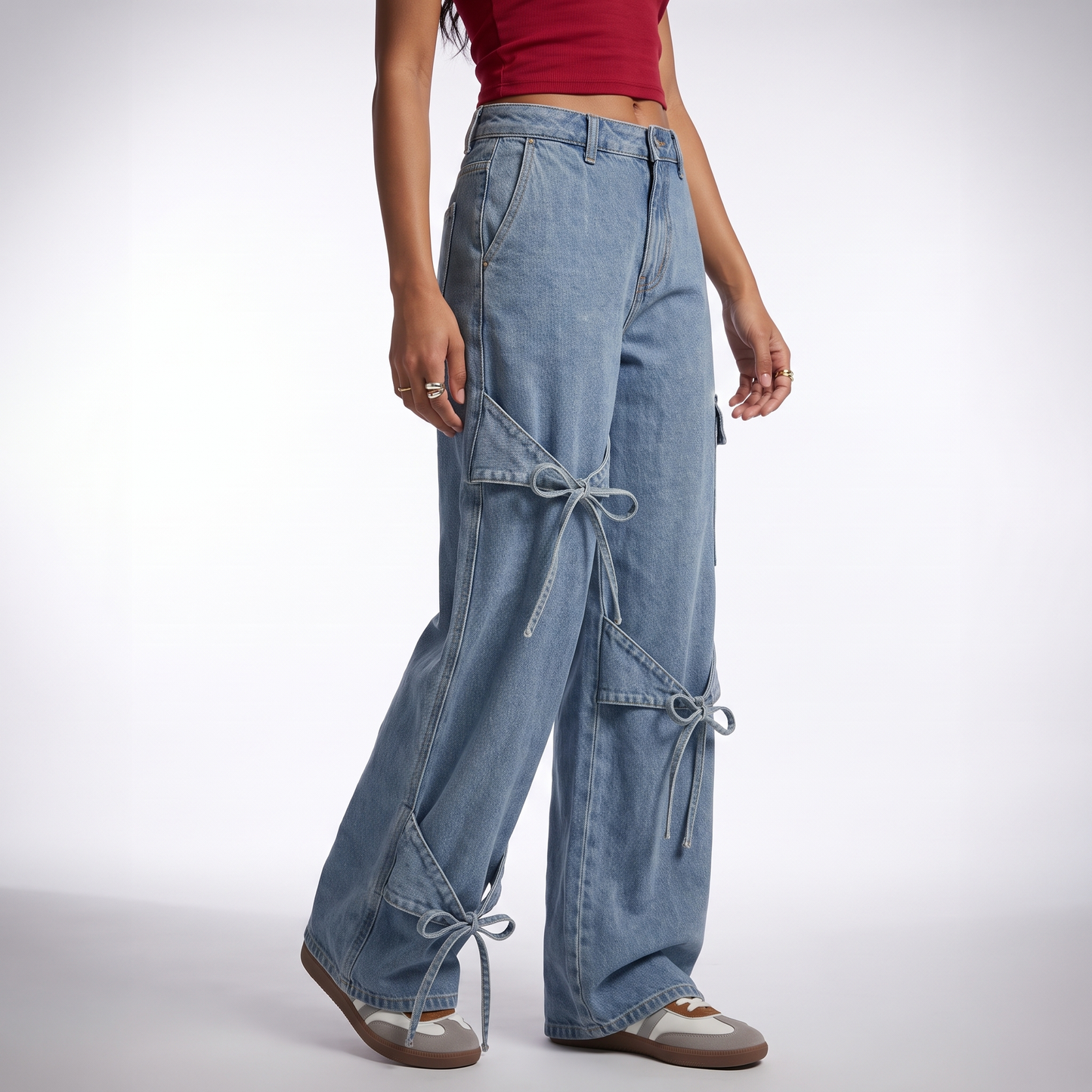 Sunoire autumn simple casual high waist stretchable denim jeans for women xl size cargo pants with bowknot decor light bottom crop 3q 01