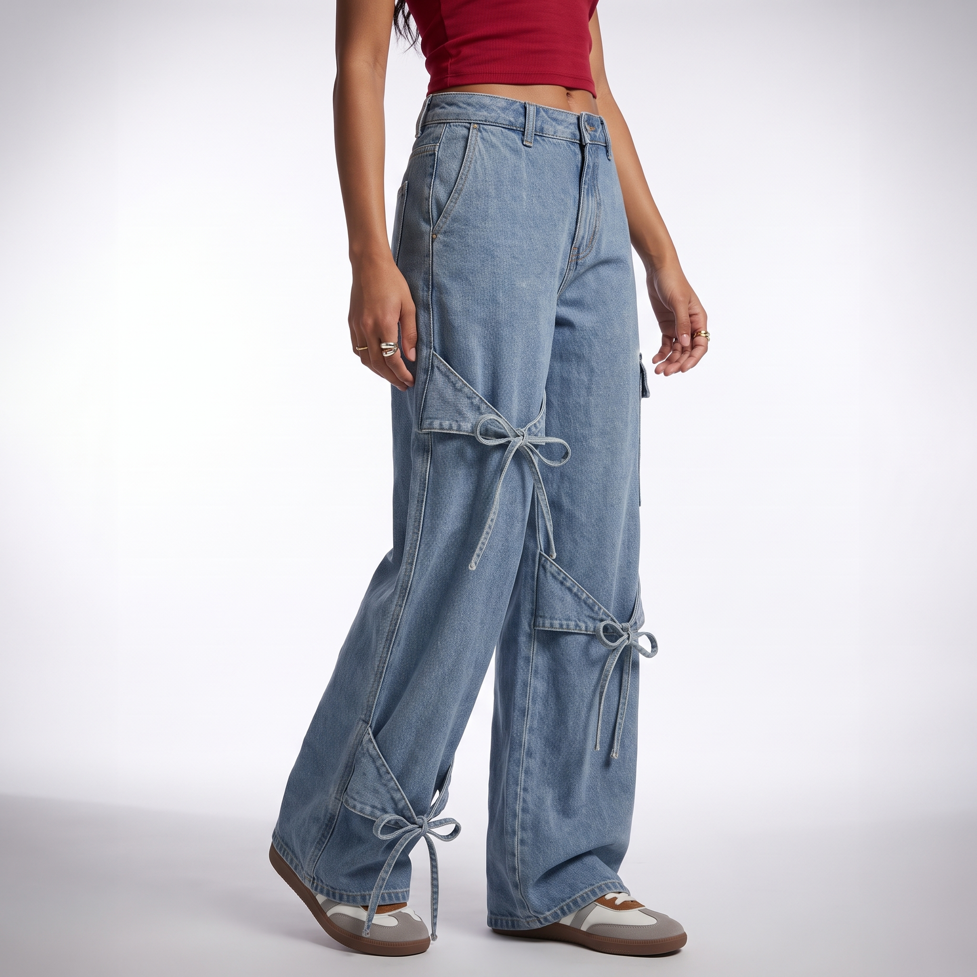 Sunoire autumn simple casual high waist stretchable denim jeans for women xl size cargo pants with bowknot decor light bottom crop 3q 01