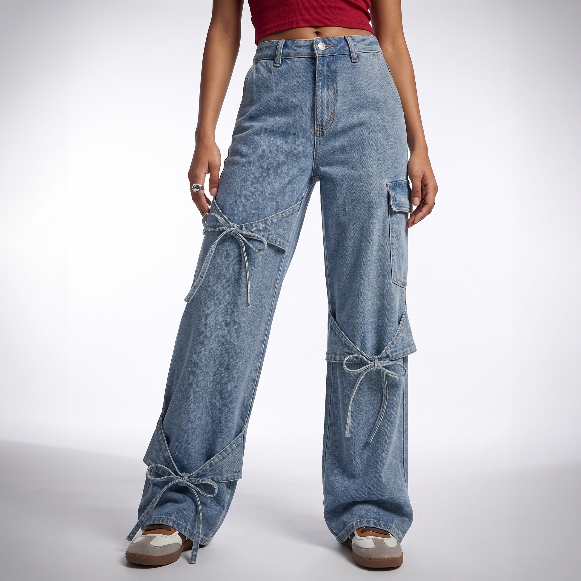 Sunoire autumn simple casual high waist stretchable denim jeans for women xl size cargo pants with bowknot decor light bottom front crop 01