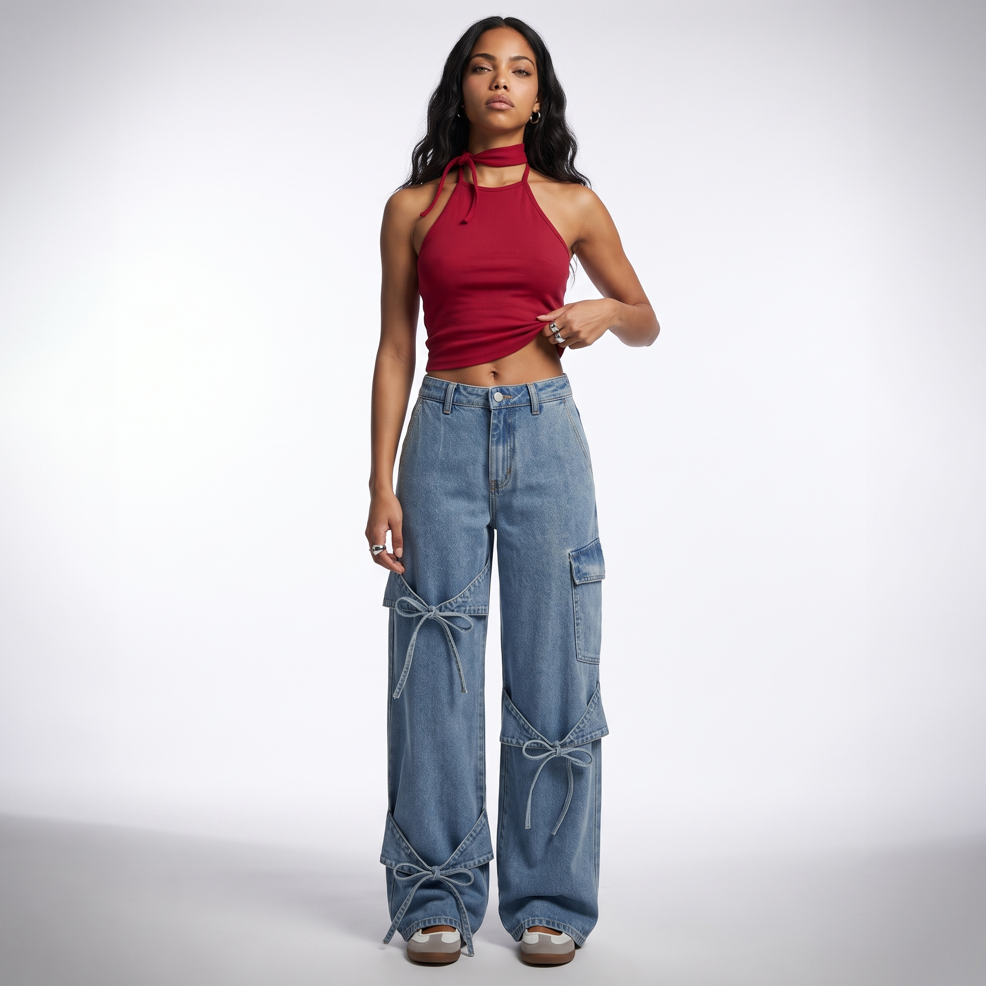 Sunoire autumn simple casual high waist stretchable denim jeans for women xl size cargo pants with bowknot decor light front hero 01