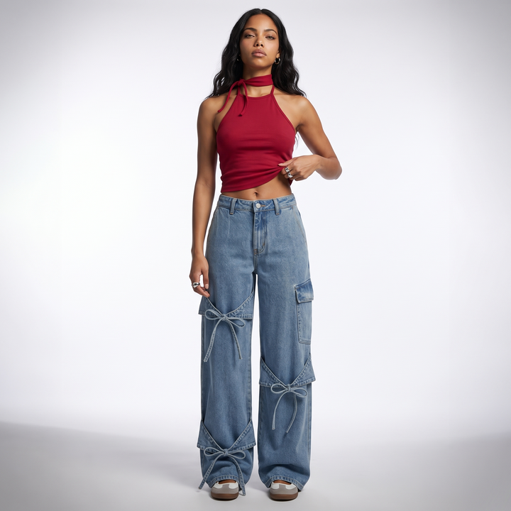 Sunoire autumn simple casual high waist stretchable denim jeans for women xl size cargo pants with bowknot decor light front hero 01