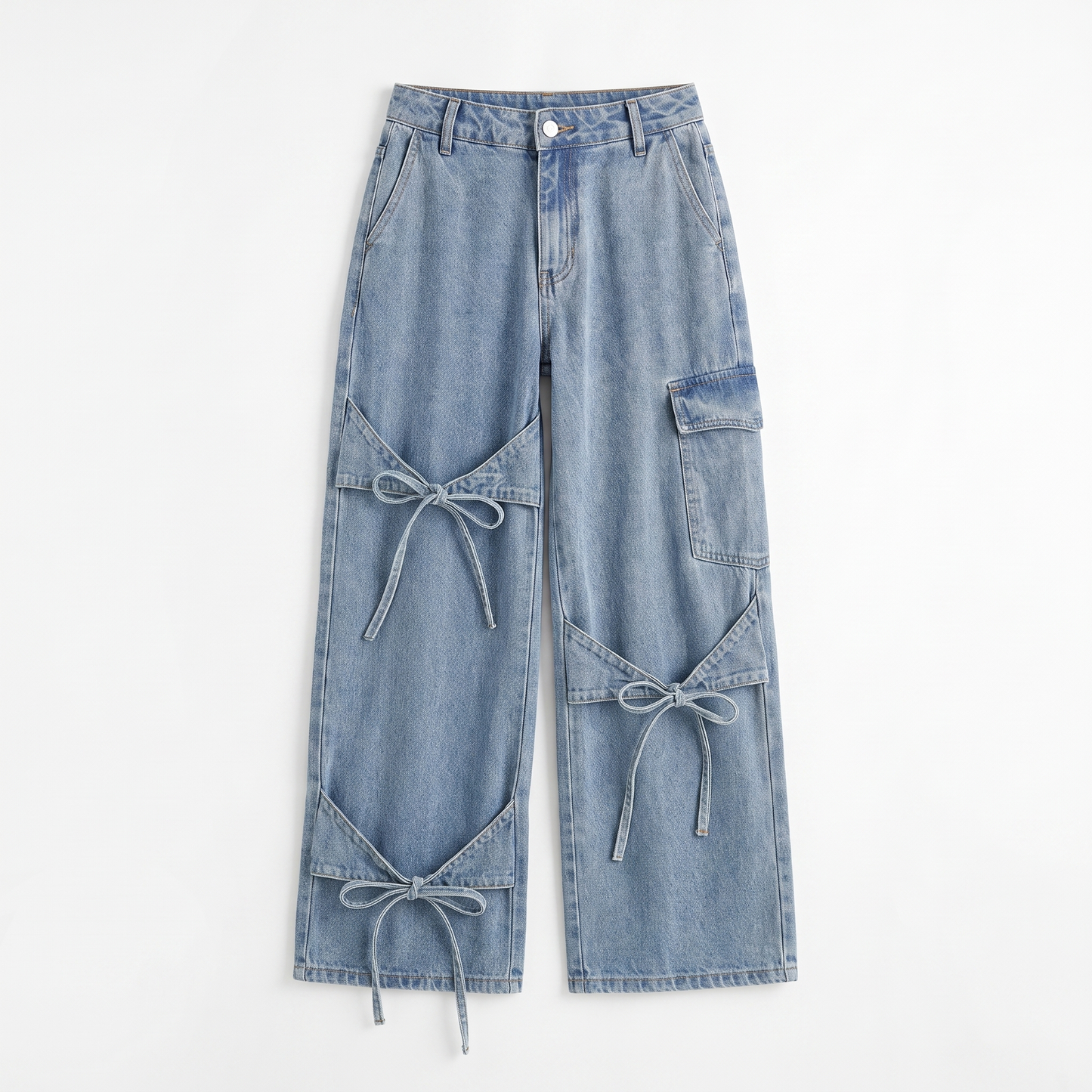 Sunoire autumn simple casual high waist stretchable denim jeans for women xl size cargo pants with bowknot decor light garment flatlay 01