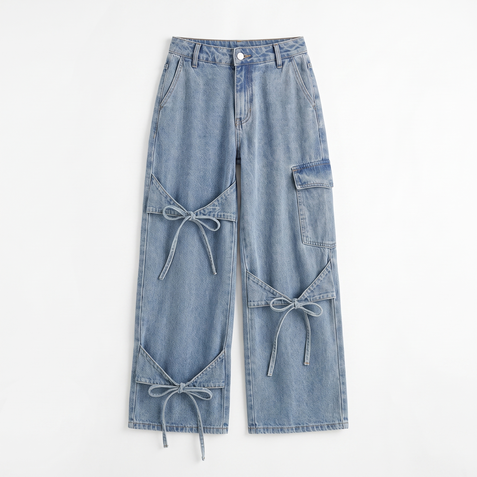Sunoire autumn simple casual high waist stretchable denim jeans for women xl size cargo pants with bowknot decor light garment flatlay 01