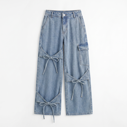 Sunoire autumn simple casual high waist stretchable denim jeans for women xl size cargo pants with bowknot decor light garment flatlay 01