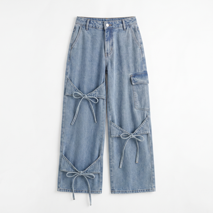 Sunoire autumn simple casual high waist stretchable denim jeans for women xl size cargo pants with bowknot decor light garment flatlay 01