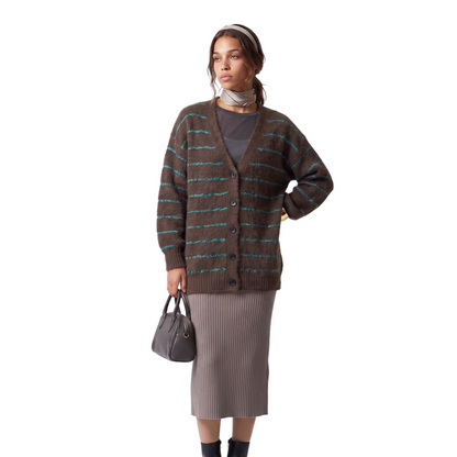 Sunoire autumn winter new retro fashion loose striped plus size button v neck acrylic full sleeve knitted cardigan coat sweater top colorway brown front hero 01