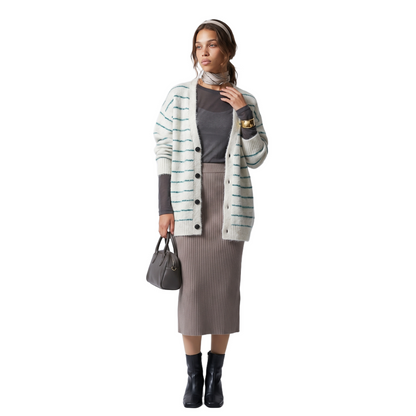 Sunoire autumn winter new retro fashion loose striped plus size button v neck acrylic full sleeve knitted cardigan coat sweater top front hero 01
