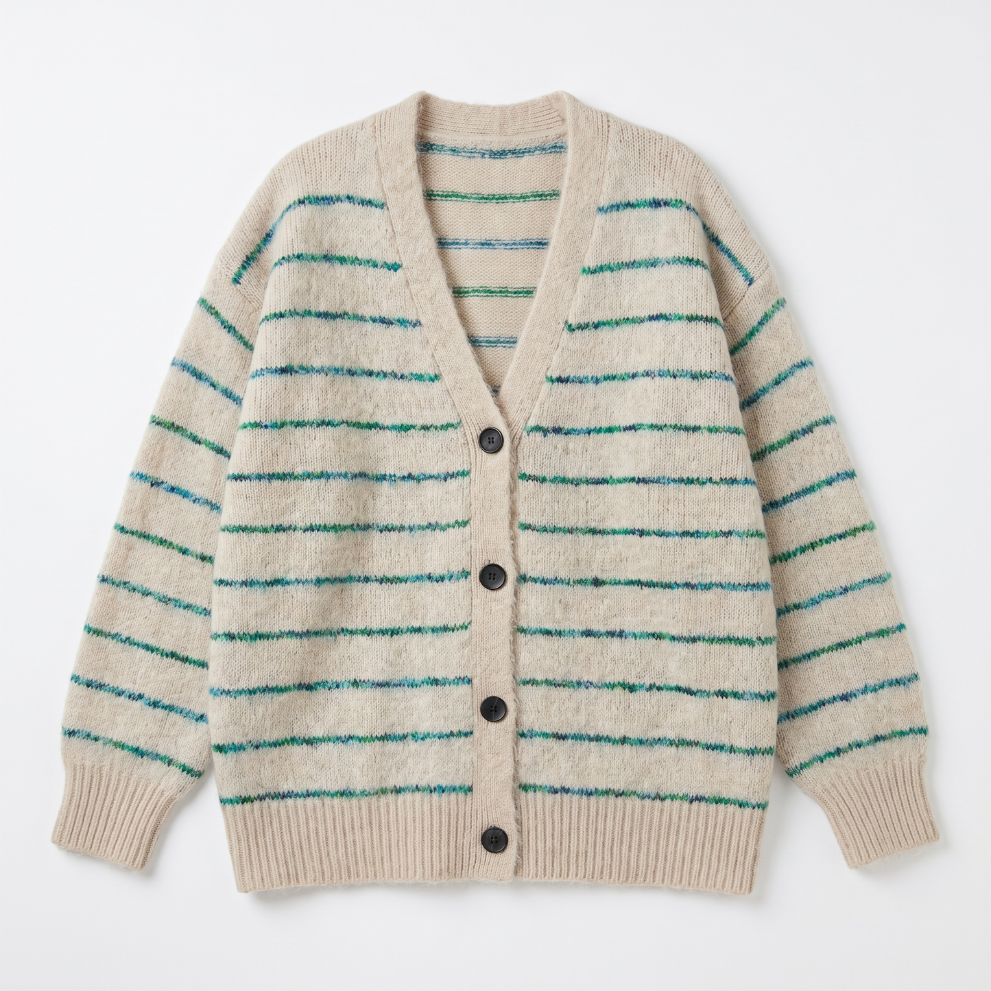 Sunoire autumn winter new retro fashion loose striped plus size button v neck acrylic full sleeve knitted cardigan coat sweater top garment flatlay 01