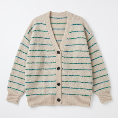 Sunoire autumn winter new retro fashion loose striped plus size button v neck acrylic full sleeve knitted cardigan coat sweater top garment flatlay 01