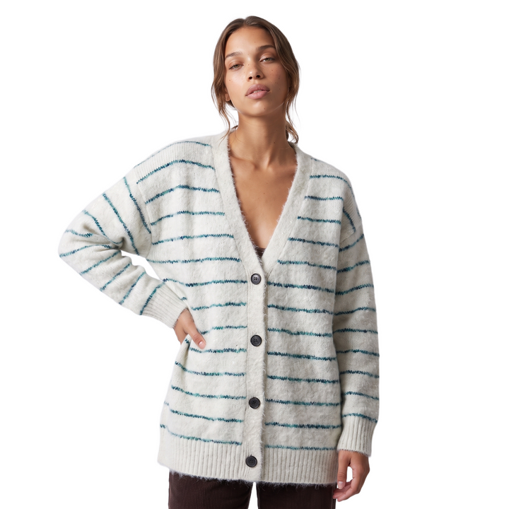 Sunoire autumn winter new retro fashion loose striped plus size button v neck acrylic full sleeve knitted cardigan coat sweater top top front crop 01