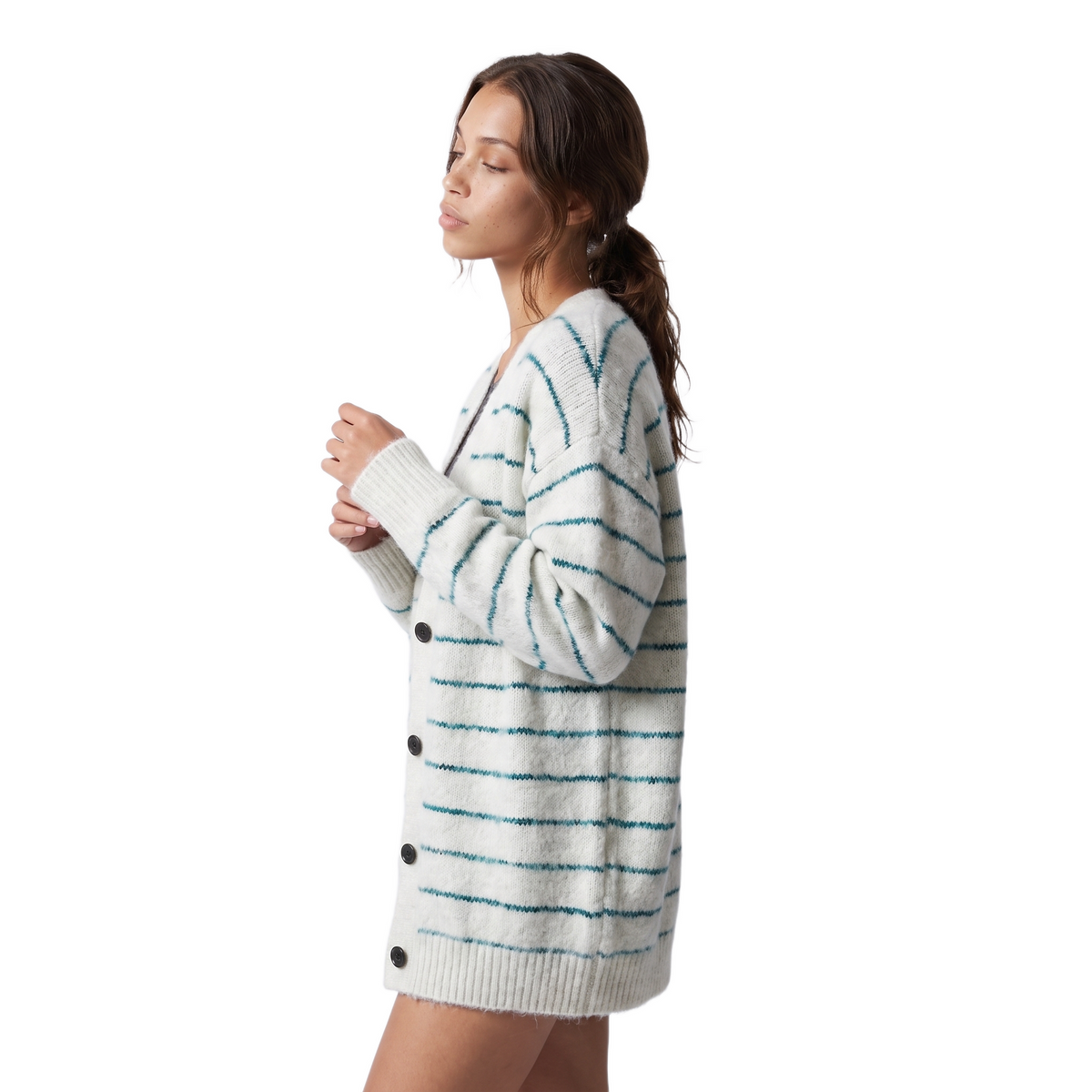 Sunoire autumn winter new retro fashion loose striped plus size button v neck acrylic full sleeve knitted cardigan coat sweater top top side crop 01