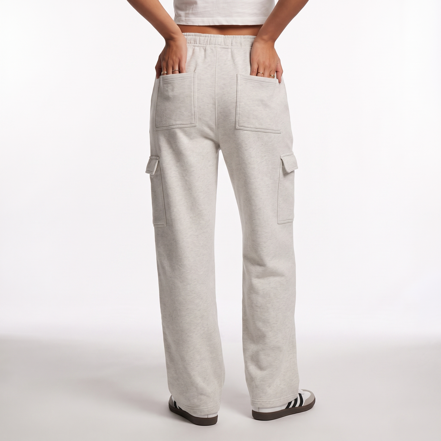 Sunoire autumn winter women fashionable loose pocket high waist straight cotton polyester trousers baggy clothes cargo pants for women bottom back crop 01