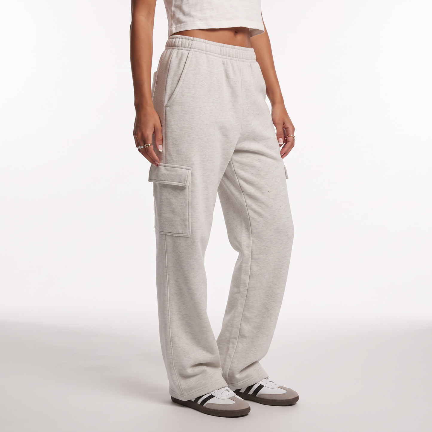 Sunoire autumn winter women fashionable loose pocket high waist straight cotton polyester trousers baggy clothes cargo pants for women bottom crop 3q 01