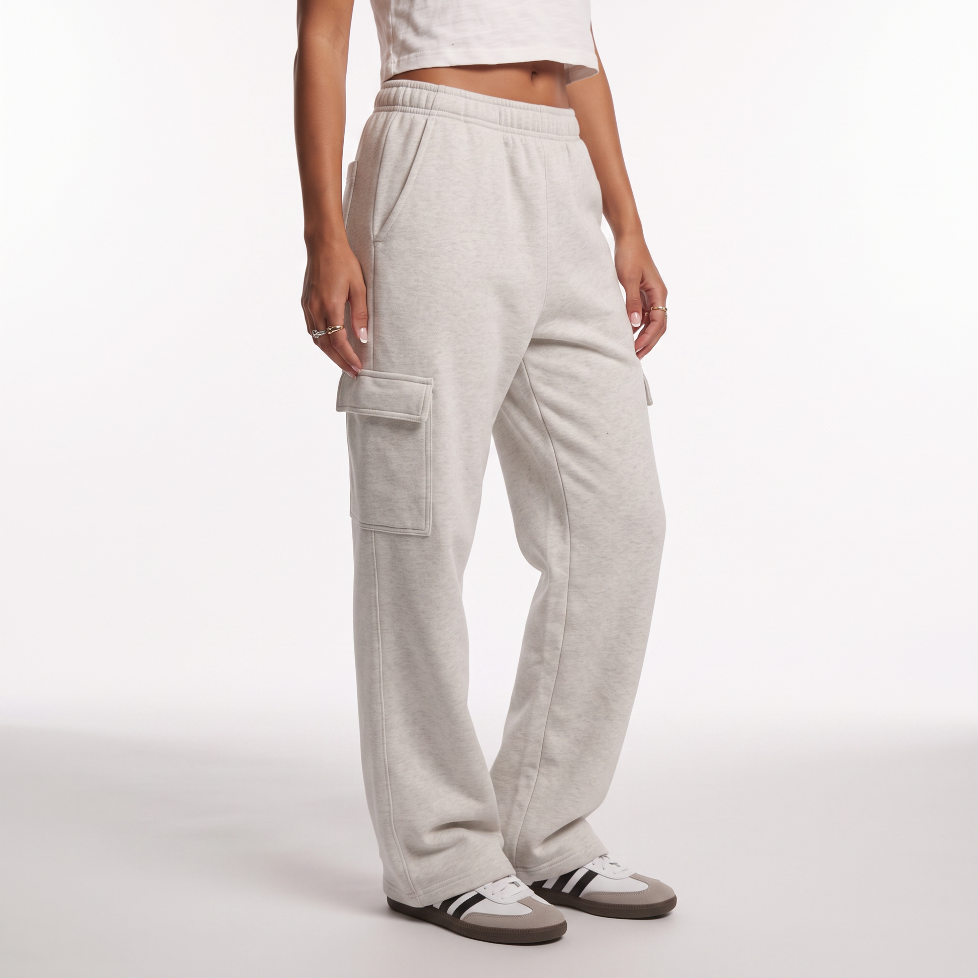 Sunoire autumn winter women fashionable loose pocket high waist straight cotton polyester trousers baggy clothes cargo pants for women bottom crop 3q 01