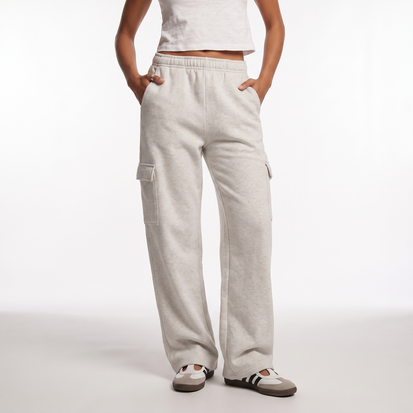 Sunoire autumn winter women fashionable loose pocket high waist straight cotton polyester trousers baggy clothes cargo pants for women bottom front crop 01