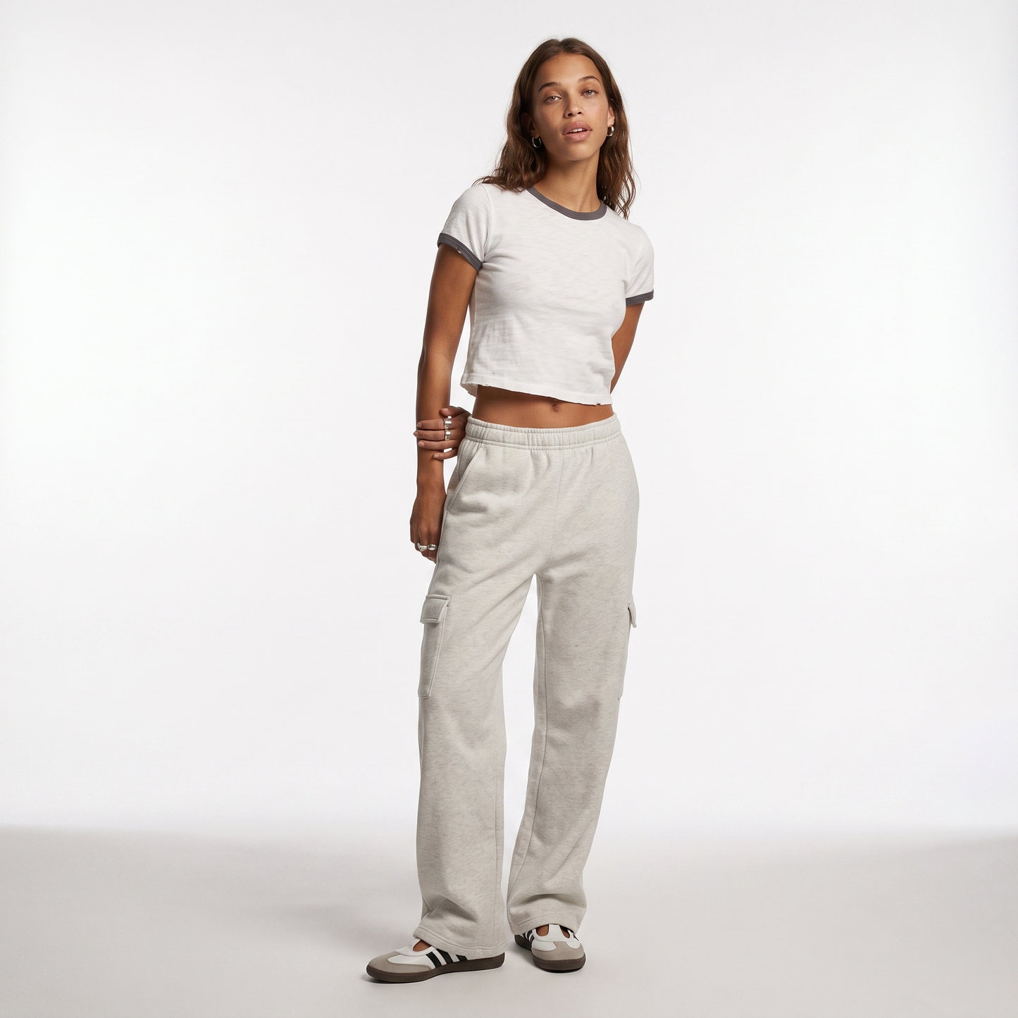 Sunoire autumn winter women fashionable loose pocket high waist straight cotton polyester trousers baggy clothes cargo pants for women front hero 01