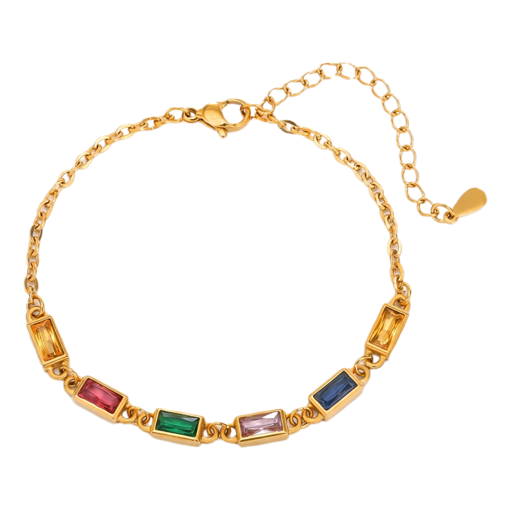 Sunoire fashion stainless steel minimalist french vintage square colorful zirconia women s bracelet 01 flatlay gold