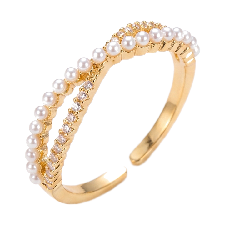 Sunoire korean style copper plated real gold pearl open adjustable ring fashion simple and attractive diamond set ring for women 01 flatlay gold