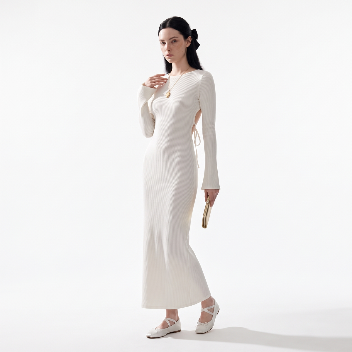 Women's Long Sleeve Knit Column Maxi Dress, Crew Neck Wedding Guest Dress, Front