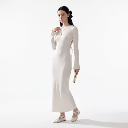 Women's Long Sleeve Knit Column Maxi Dress, Crew Neck Wedding Guest Dress, Front
