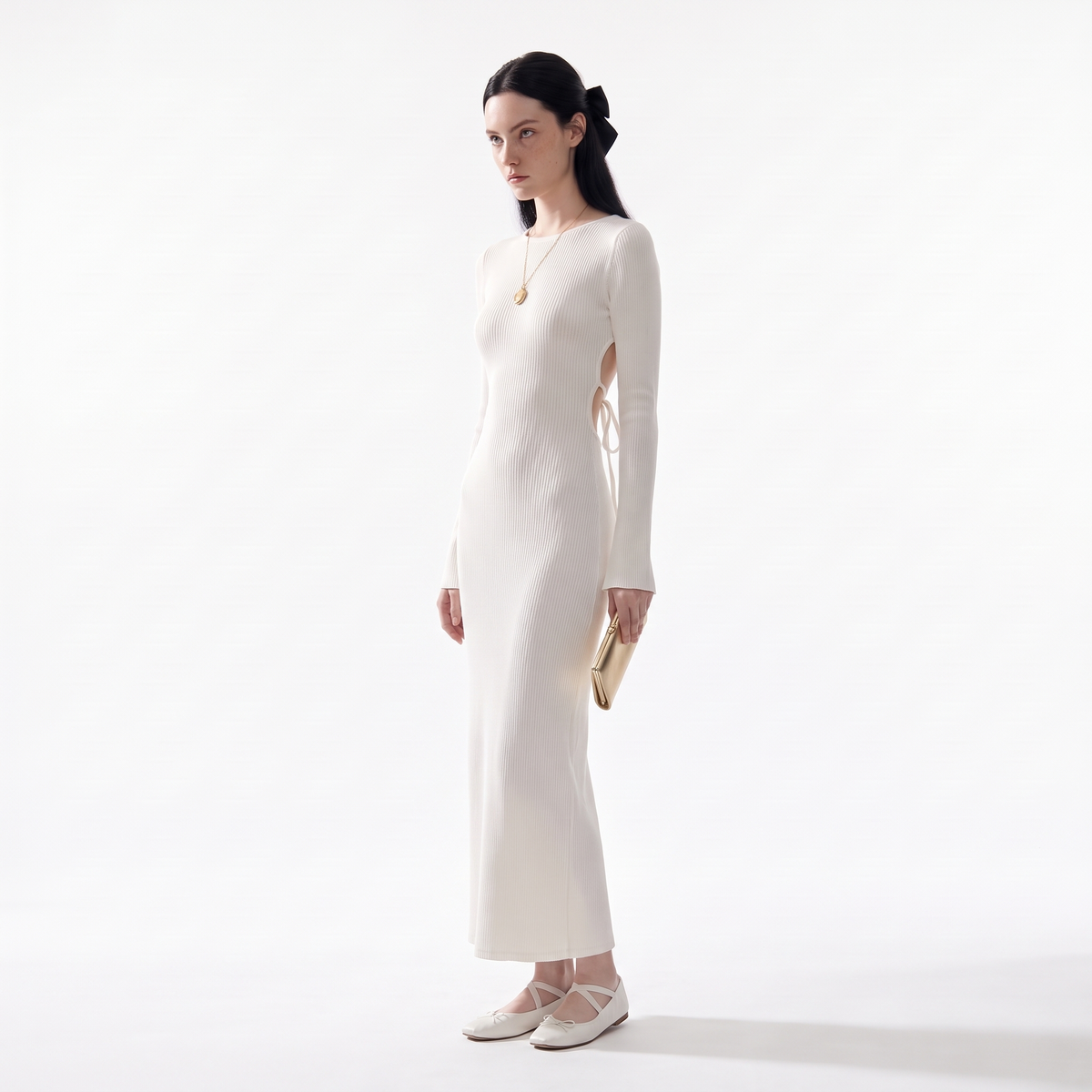 Women's Long Sleeve Knit Column Maxi Dress, Crew Neck Wedding Guest Dress, Three-quarter