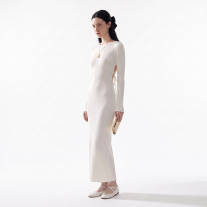 Women's Long Sleeve Knit Column Maxi Dress, Crew Neck Wedding Guest Dress, Three-quarter