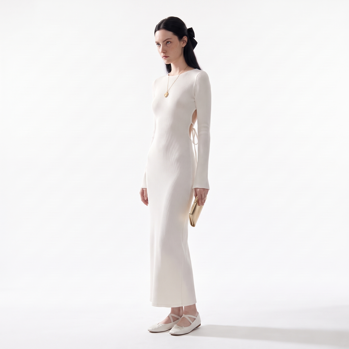 Women's Long Sleeve Knit Column Maxi Dress, Crew Neck Wedding Guest Dress, Three-quarter
