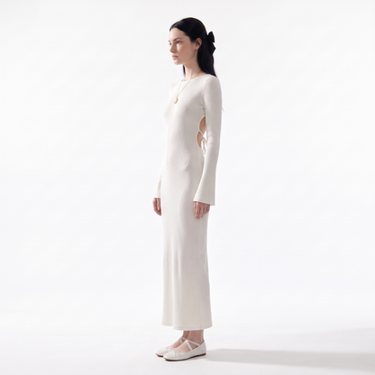 Women's Long Sleeve Knit Column Maxi Dress, Crew Neck Wedding Guest Dress, Side