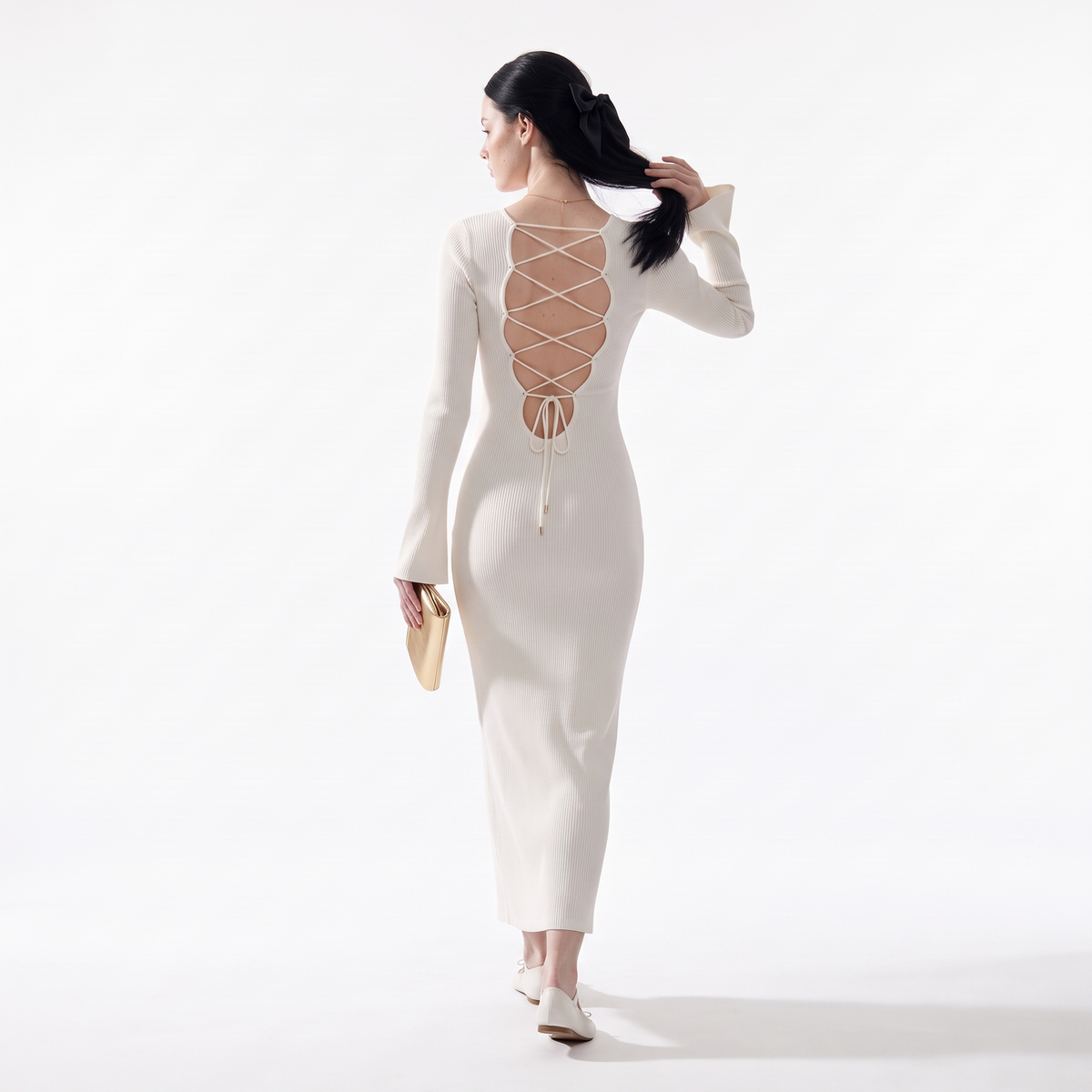 Women's Long Sleeve Knit Column Maxi Dress, Crew Neck Wedding Guest Dress, Back