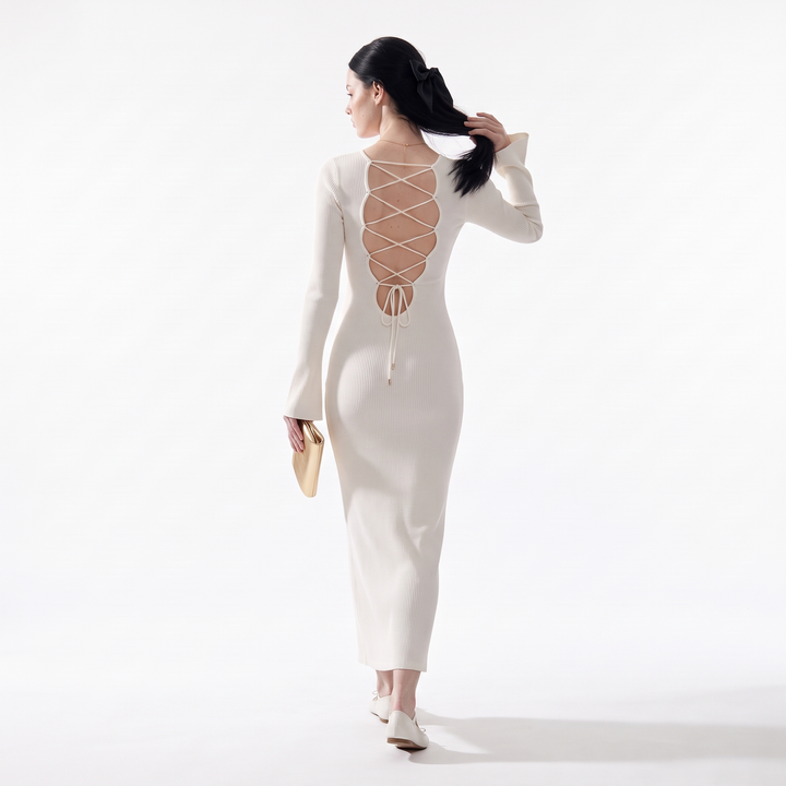 Women's Long Sleeve Knit Column Maxi Dress, Crew Neck Wedding Guest Dress, Back