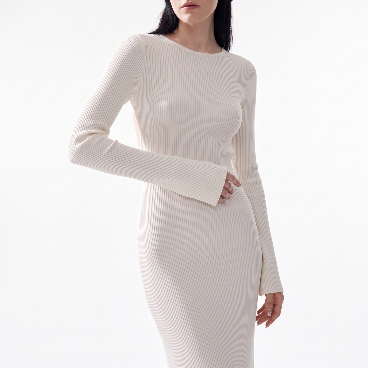 Women's Long Sleeve Knit Column Maxi Dress, Crew Neck Wedding Guest Dress, Close-up