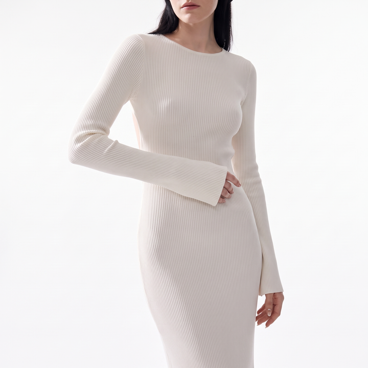Women's Long Sleeve Knit Column Maxi Dress, Crew Neck Wedding Guest Dress, Close-up
