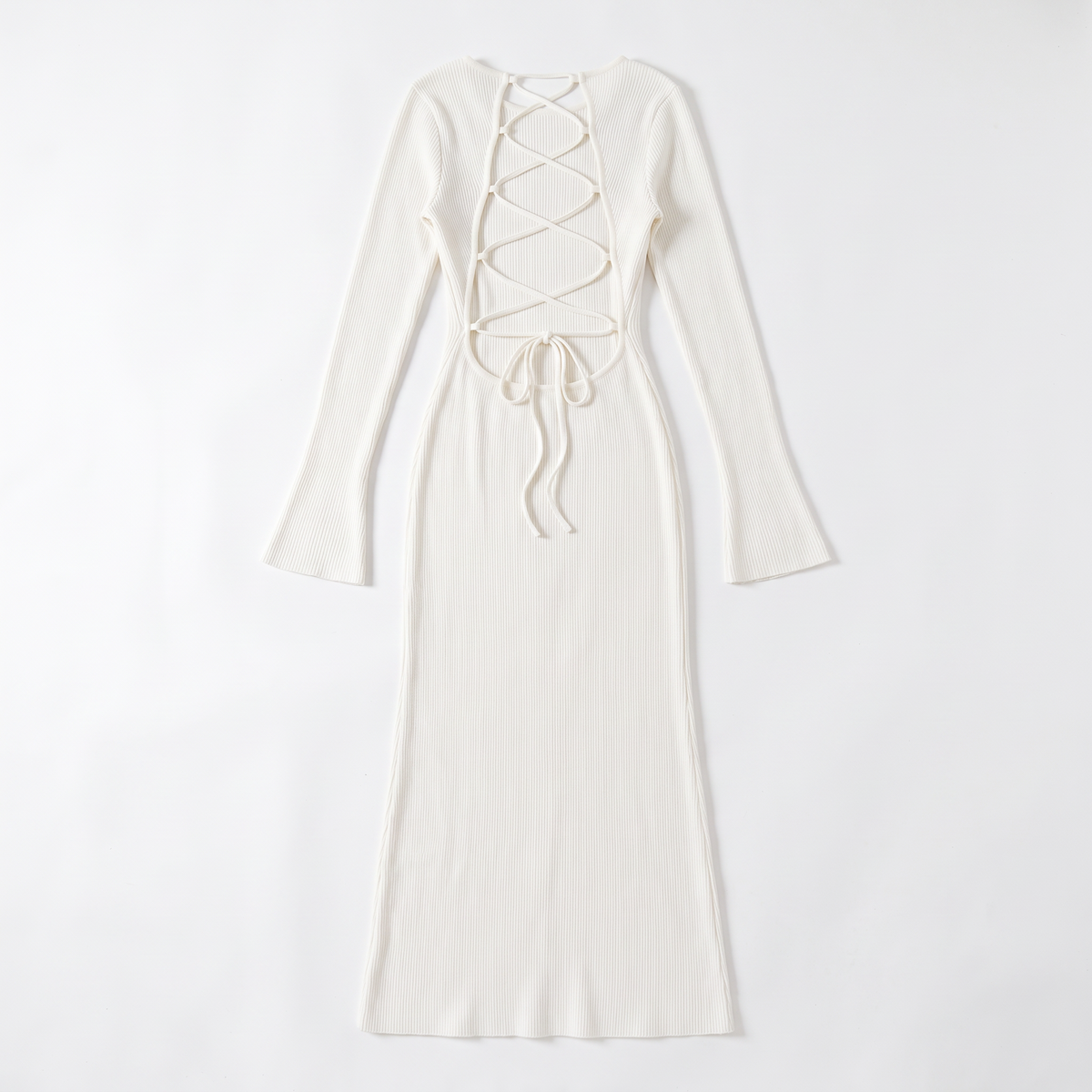 Women's Long Sleeve Knit Column Maxi Dress, Crew Neck Wedding Guest Dress, Flat lay