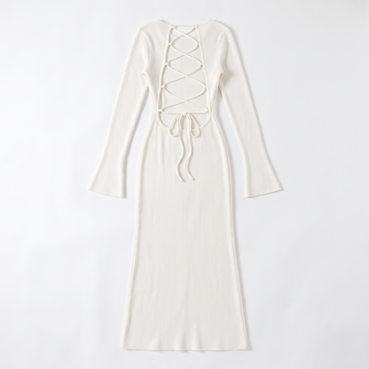Women's Long Sleeve Knit Column Maxi Dress, Crew Neck Wedding Guest Dress, Flat lay