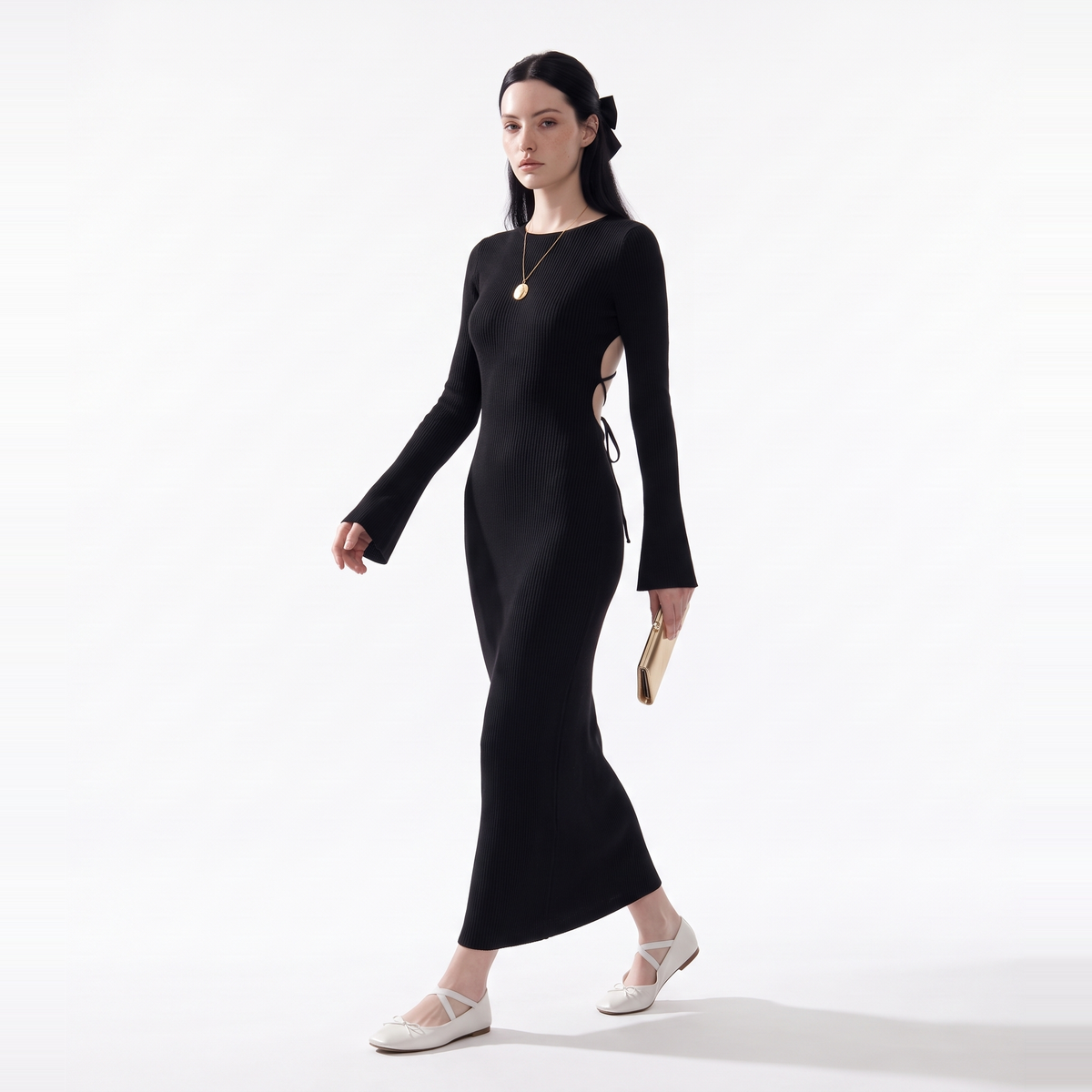 Women's Long Sleeve Knit Column Maxi Dress, Crew Neck Wedding Guest Dress, Black