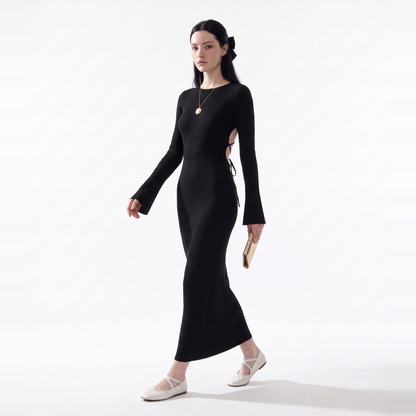 Women's Long Sleeve Knit Column Maxi Dress, Crew Neck Wedding Guest Dress, Black