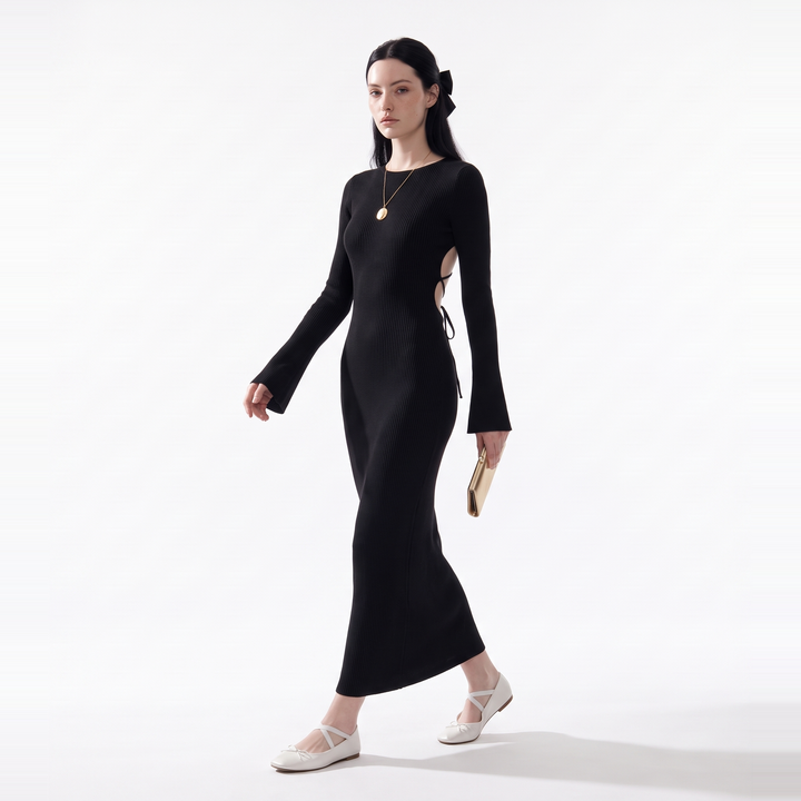 Women's Long Sleeve Knit Column Maxi Dress – Crew Neck Wedding Guest Dress — Black