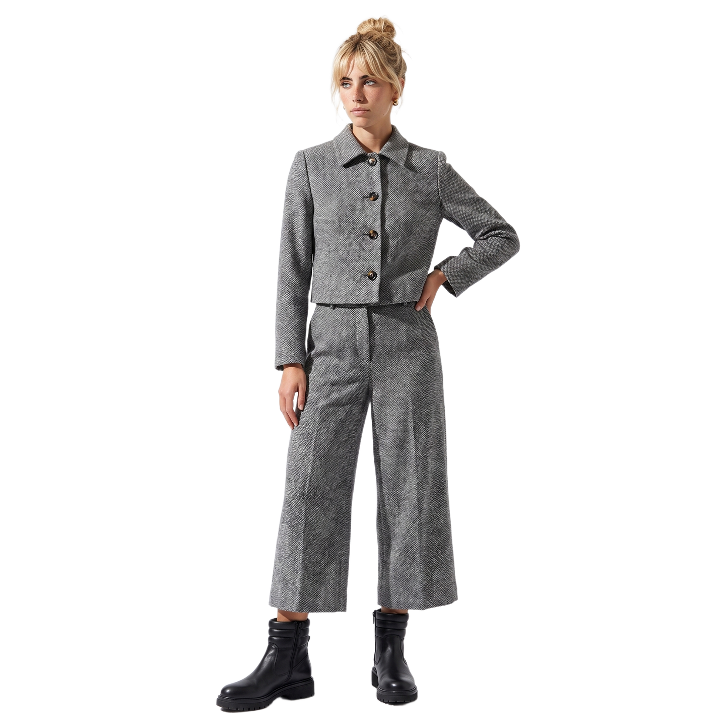 Sunoire ava womens tweed two piece wide leg cropped trouser suit set front hero 01