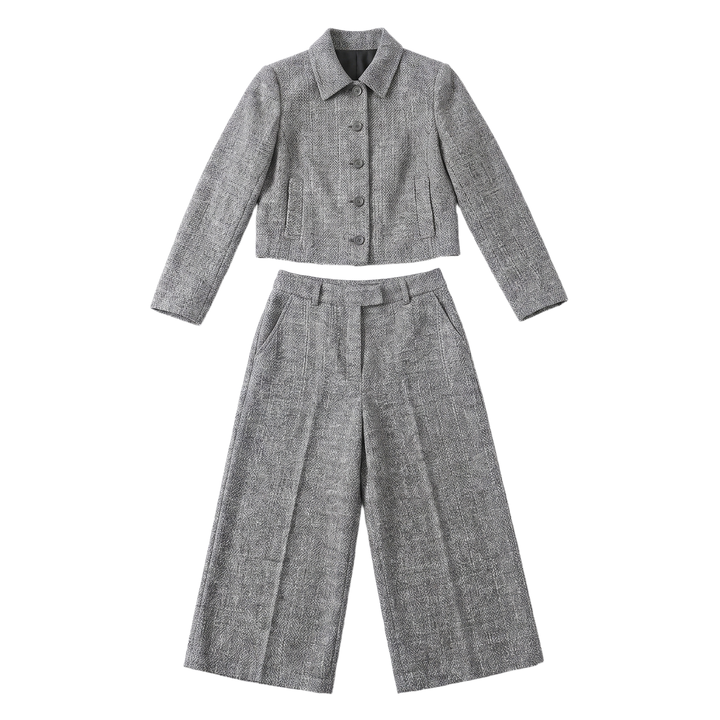 Sunoire ava womens tweed two piece wide leg cropped trouser suit set garment flatlay 01