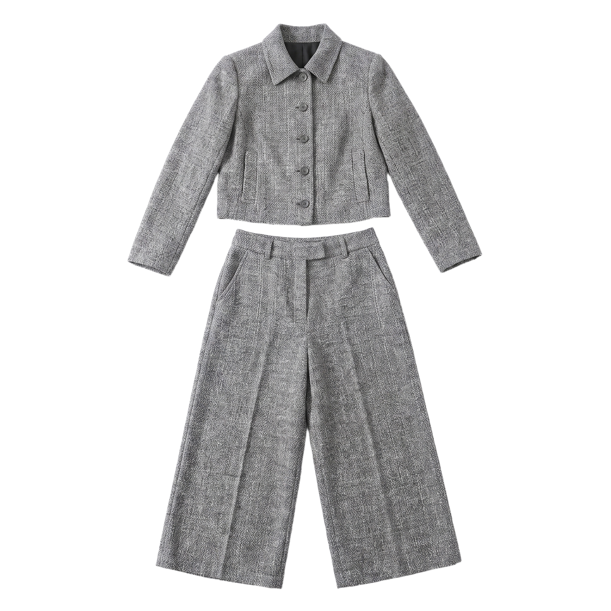 Sunoire ava womens tweed two piece wide leg cropped trouser suit set garment flatlay 01
