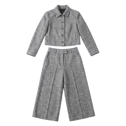 Sunoire ava womens tweed two piece wide leg cropped trouser suit set garment flatlay 01