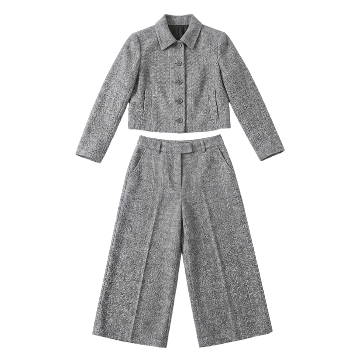Sunoire ava womens tweed two piece wide leg cropped trouser suit set garment flatlay 01