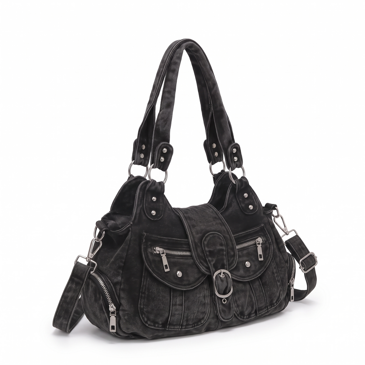 Women's Washed Denim Shoulder Bag, three-quarter view