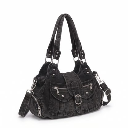 Women's Washed Denim Shoulder Bag, three-quarter view