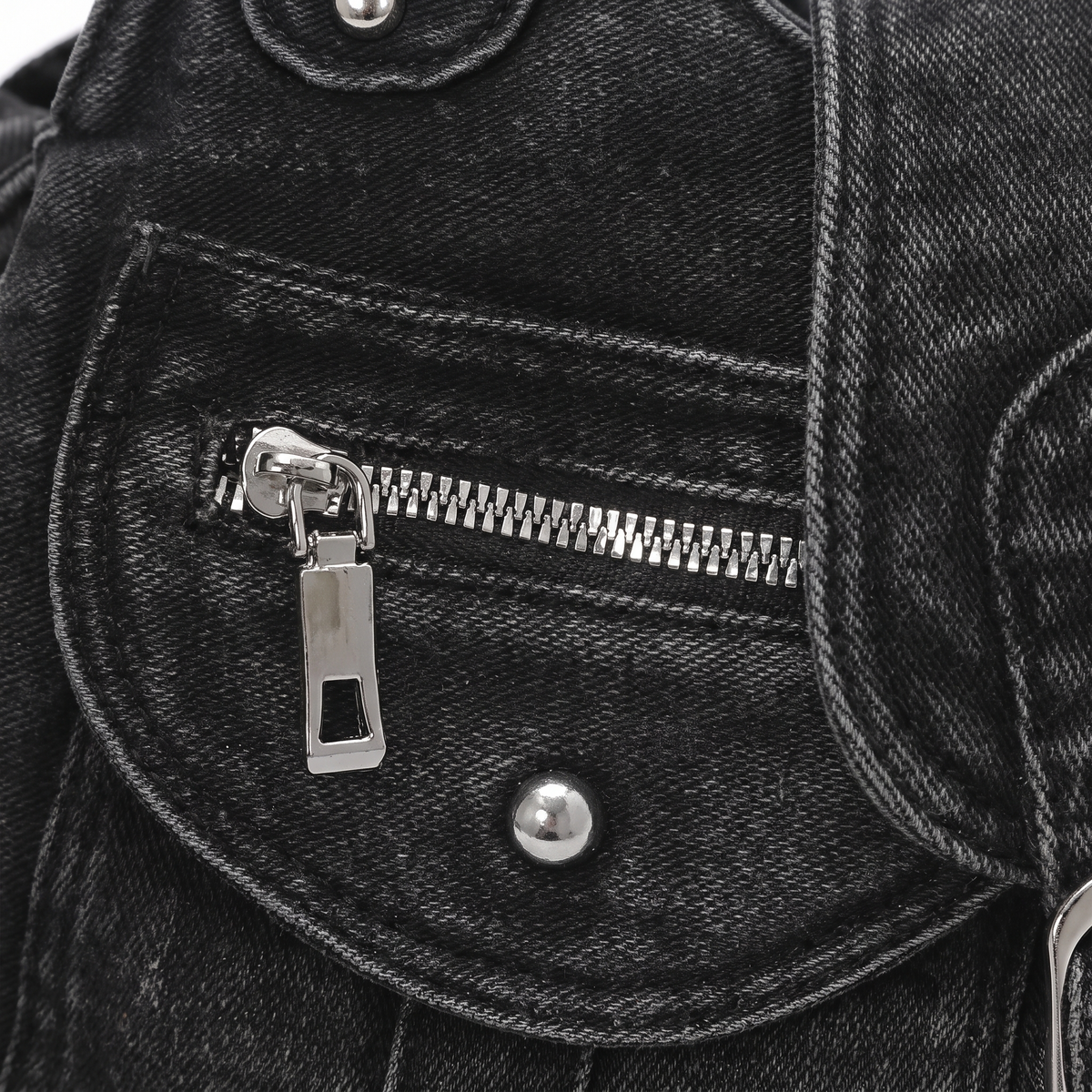 Women's Washed Denim Shoulder Bag, zip pocket close-up