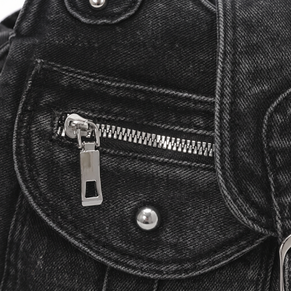 Women's Washed Denim Shoulder Bag, zip pocket close-up