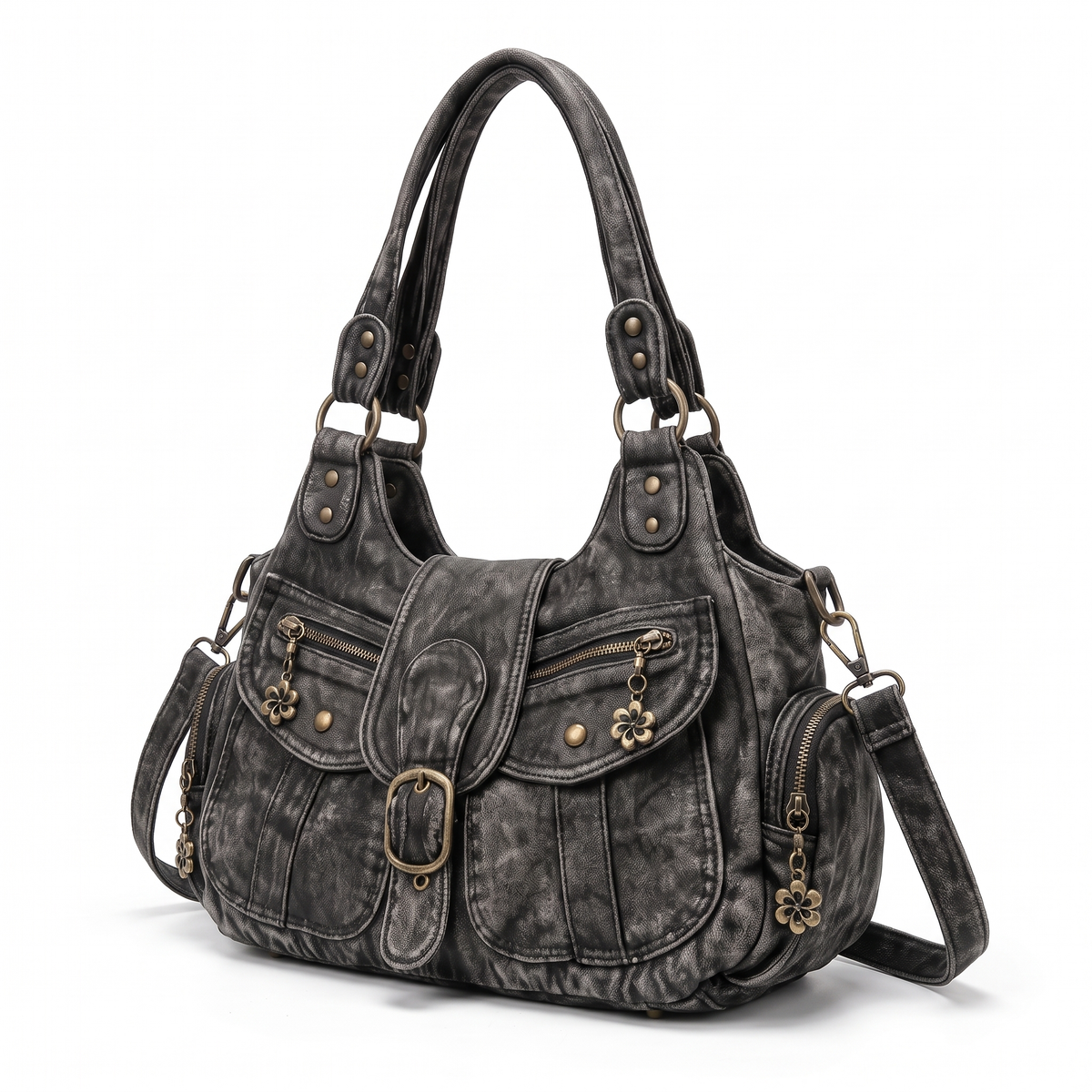Women's Distressed Denim Shoulder Bag, three-quarter view