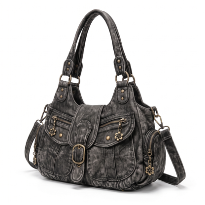 Women's Distressed Denim Shoulder Bag, three-quarter view